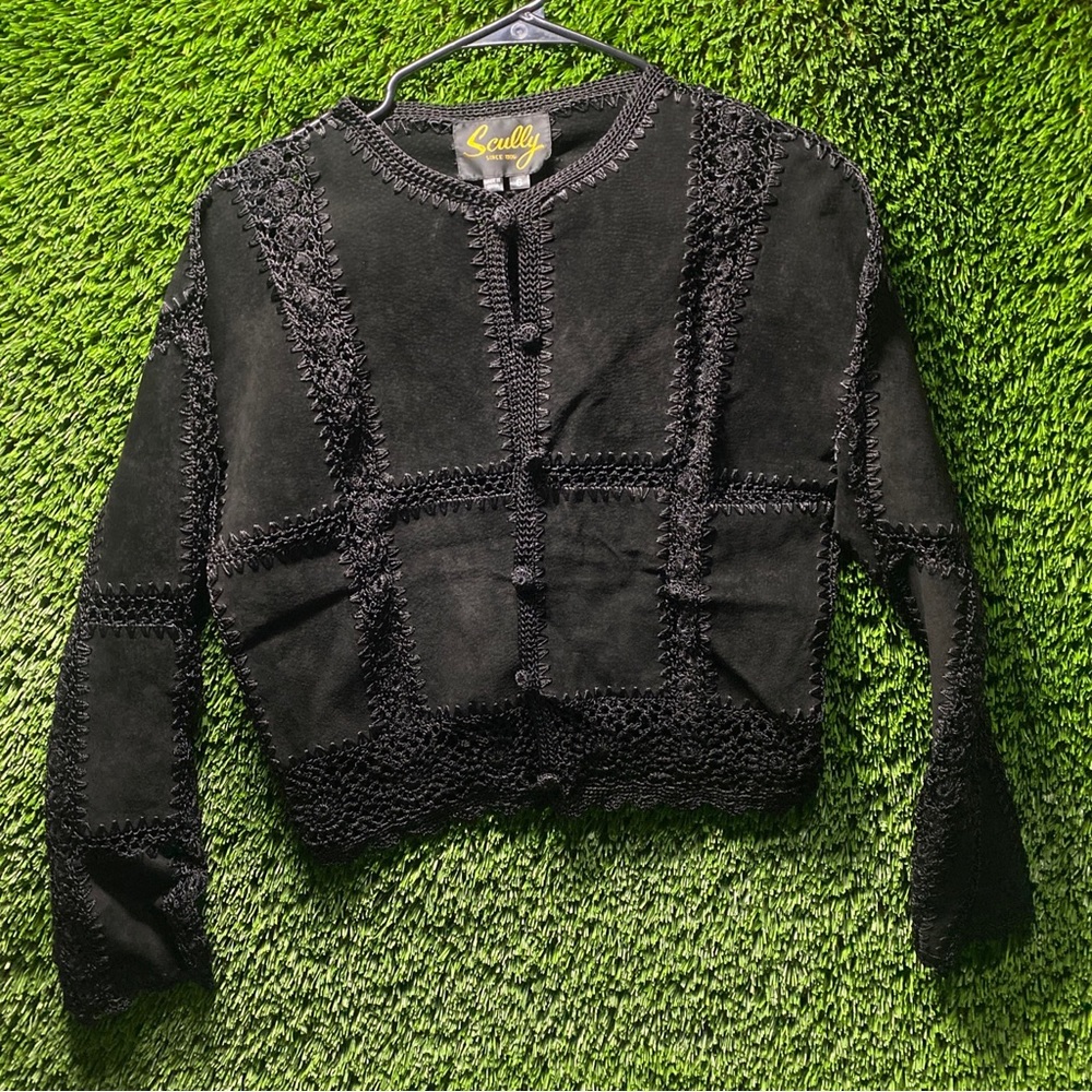 Scully Womens Suede Crochet Embroidered Jacket Size 6 Black Leather Button Coat